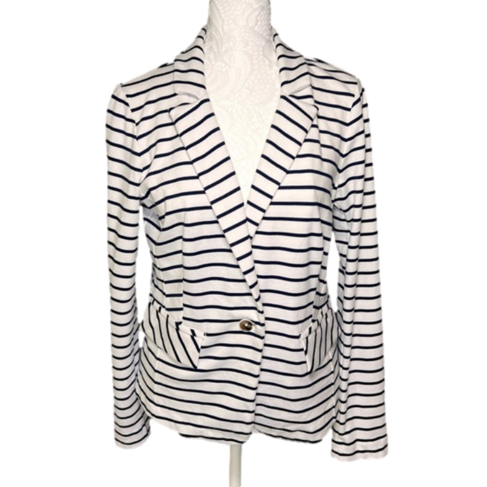 ANNE Klein Striped White and Navy Knit Blazer Jacket - Size Medium